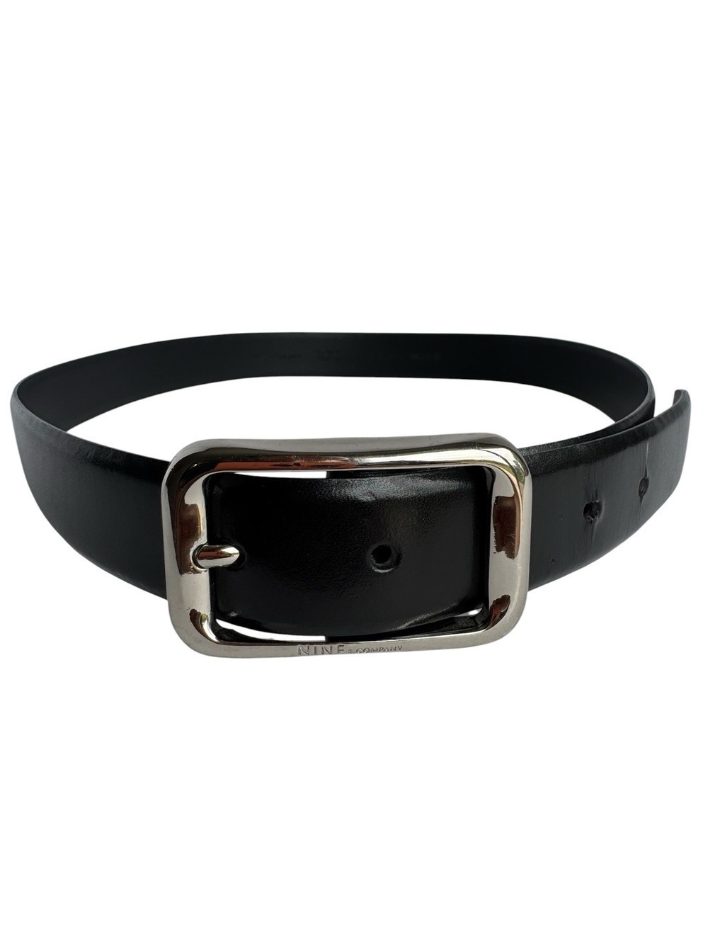 Nine & Co. Classic Black Leather Belt Sz Medium Silver Tone Rectangular Buckle